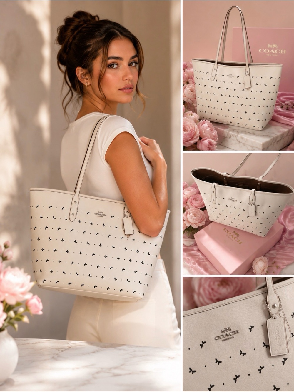 Coach Cream Leather Tote with Black Floral Print